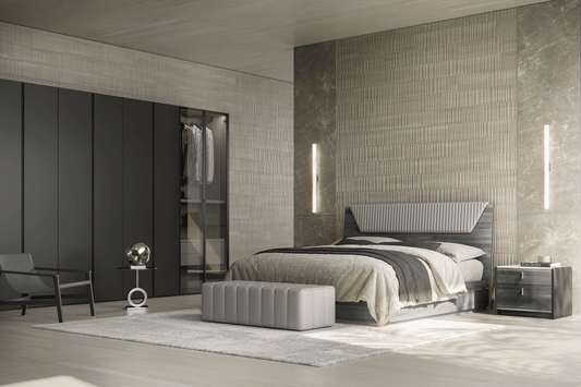 Modern Grey Oak King Bedroom Set with Upholstered Headboard and Marble-Effect Top Nightstands