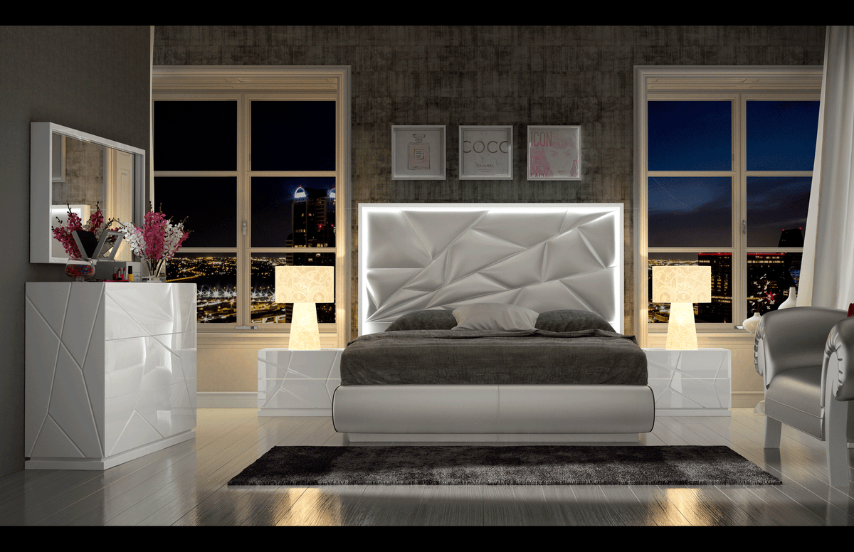 Modern White High-Gloss Bedroom Set with LED Headboard and Dresser Mirror