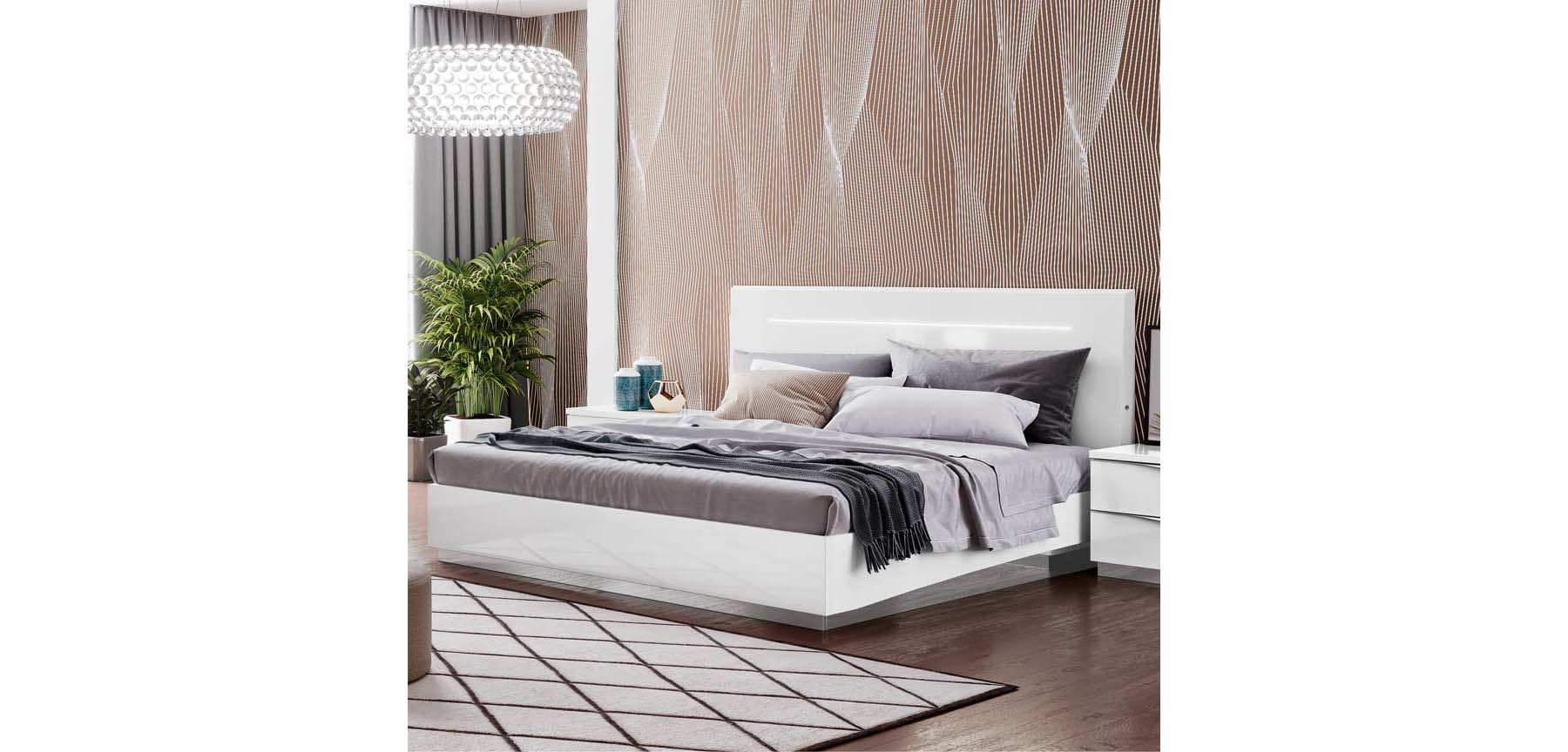 Complete Bedroom Setwith White High Gloss Lacquer - 69 Inch