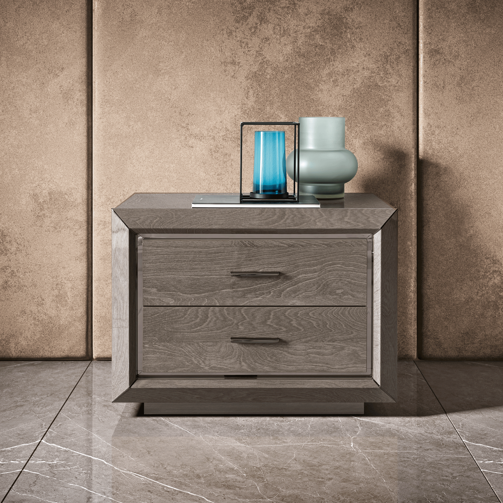 Sleek Gray/Silver Nightstand with Glossy Finish
