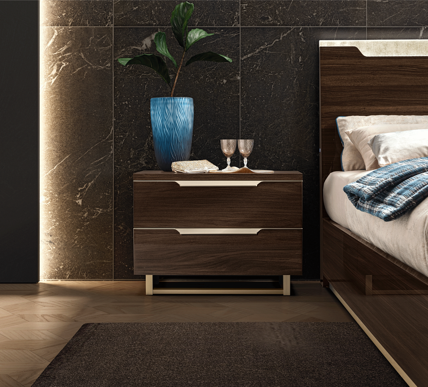 Modern Walnut Nightstand with High-Gloss Finish