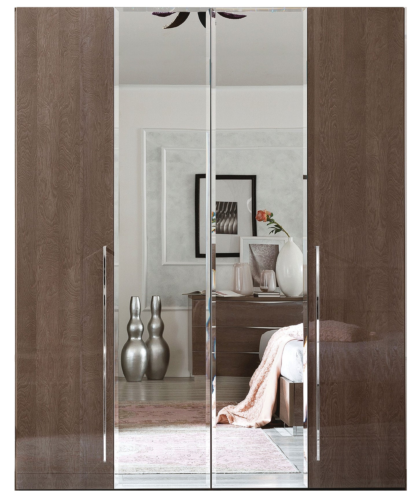 Complete Bedroom Setwith Walnut High Gloss Lacquer, Shiny