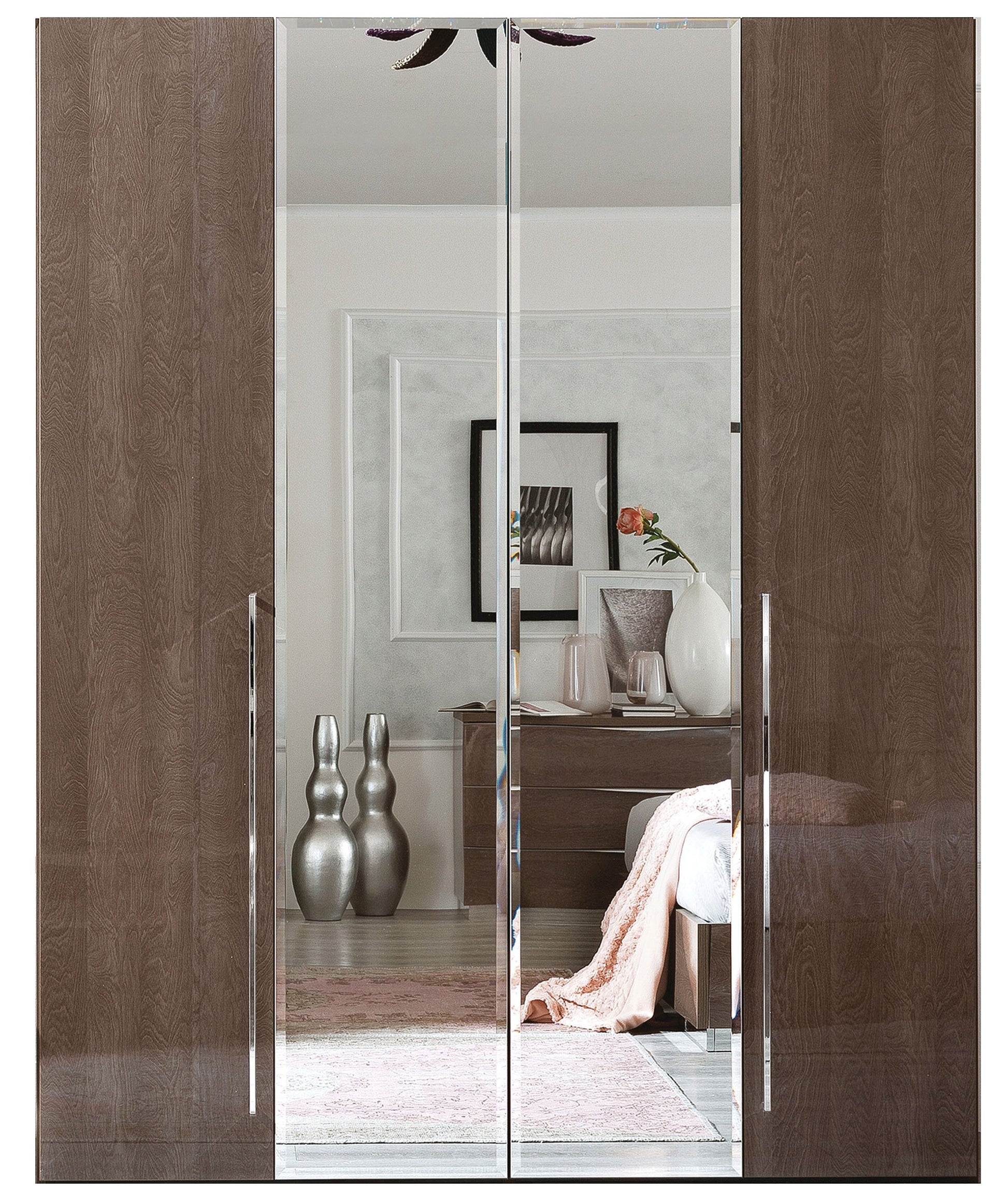 Complete Bedroom Setwith Walnut High Gloss Lacquer, Shiny
