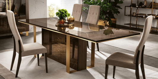 Modern High-Gloss Marble-Look Dining Table with Extension Leaf and Upholstered Chairs
