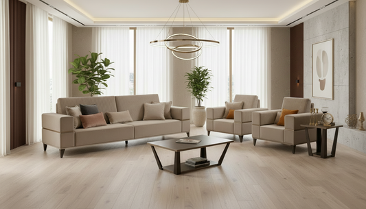 Classic Beige Velvet Sofa and Armchair Set with Wood Coffee Table and Lamp Table