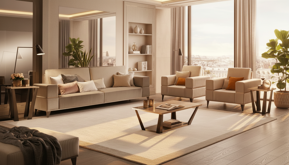 Classic Beige Velvet Sofa and Armchair Set with Wood Coffee Table and Lamp Table