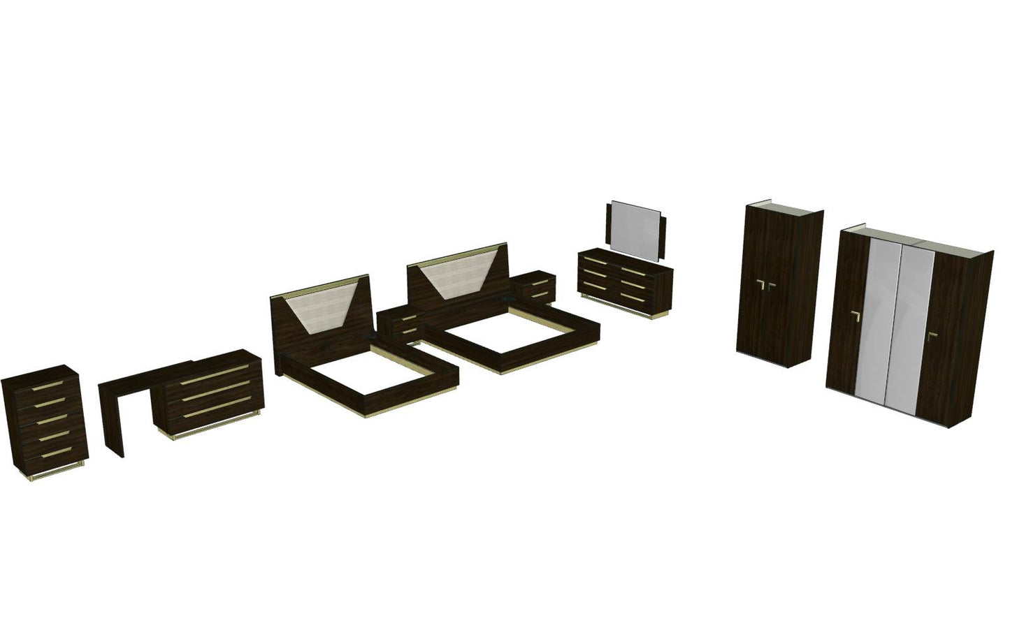 Complete Bedroom Setwith Walnut High Gloss Lacquer, Mat, Special Order Finish