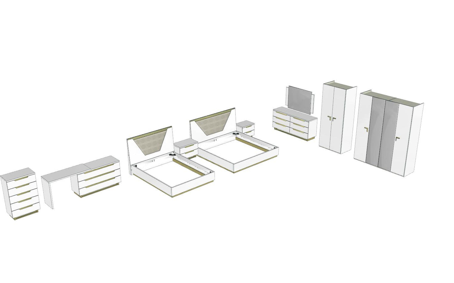 Complete Bedroom Setwith White High Gloss Lacquer, Mat - 014