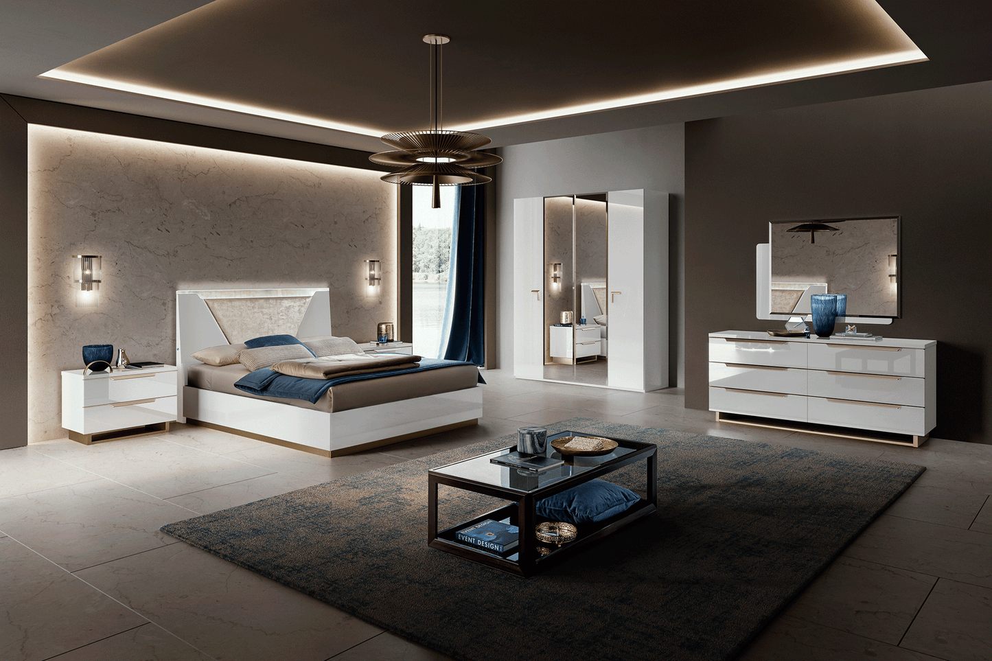 Complete Bedroom Setwith White High Gloss Lacquer, Mat - 014