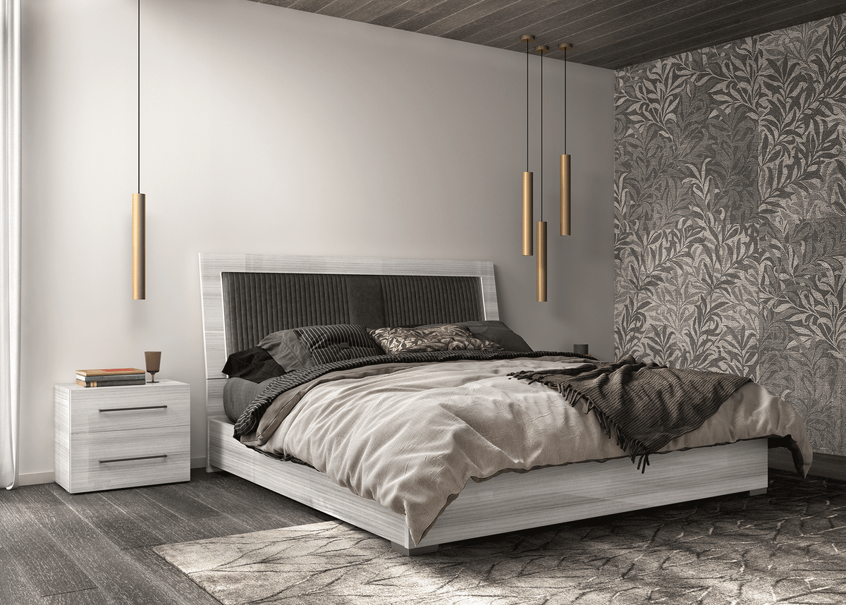 Modern Silver Grey Bedroom Set with Illuminated Upholstered Headboard and Coordinated Storage Pieces