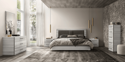 Modern Silver Grey Bedroom Set with Illuminated Upholstered Headboard and Coordinated Storage Pieces