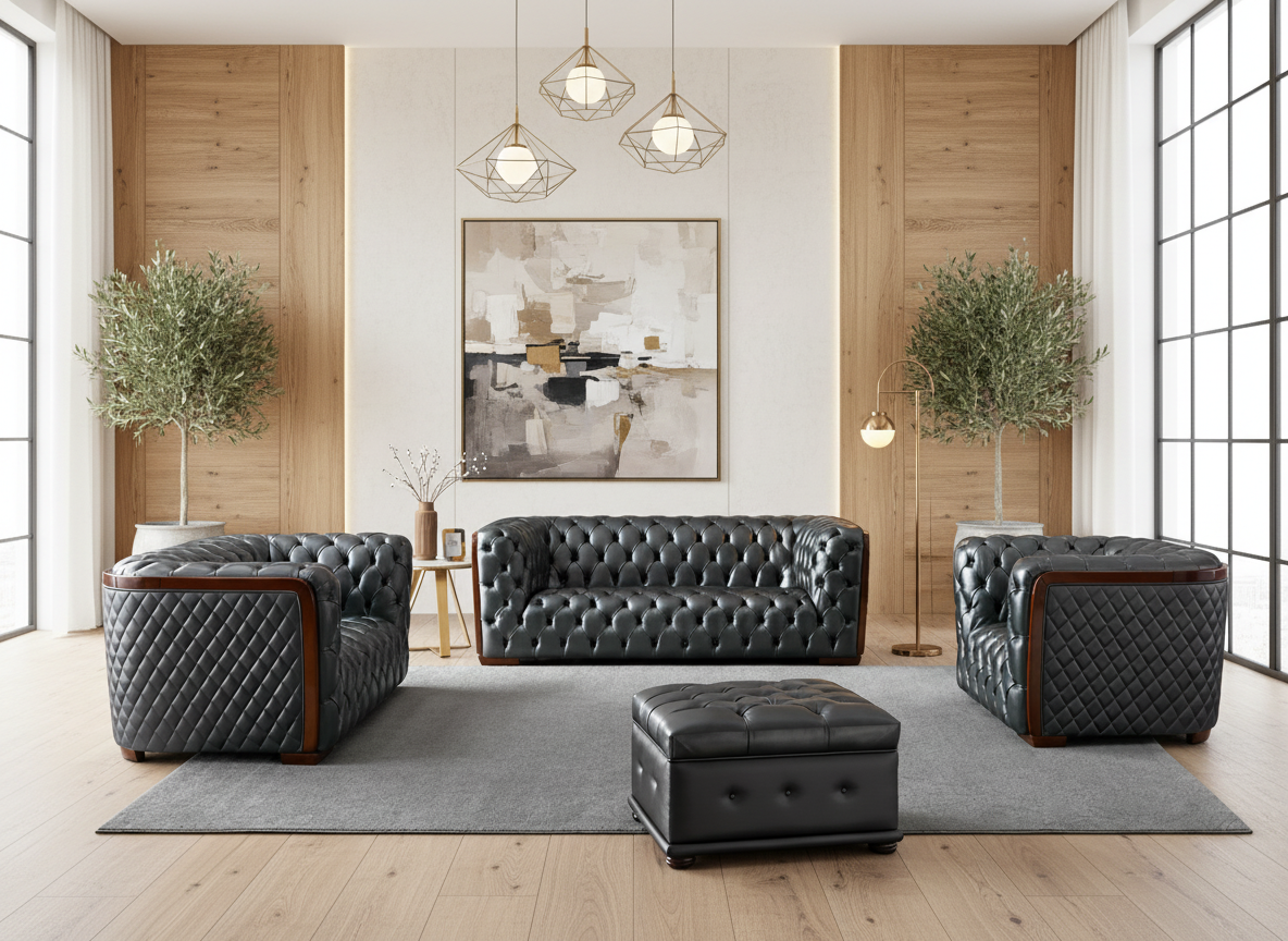 Classic Dark Grey Leather Sofa Set with Deep Tufting and Diamond Stitching