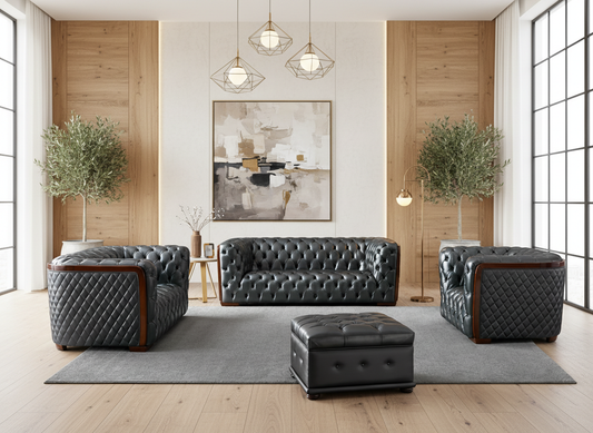 Classic Dark Grey Leather Sofa Set with Deep Tufting and Diamond Stitching