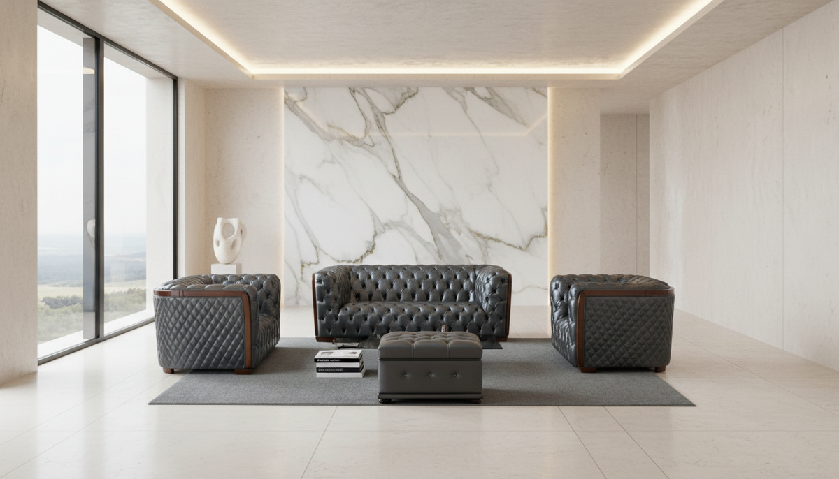 Classic Dark Grey Leather Sofa Set with Deep Tufting and Diamond Stitching