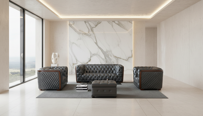 Classic Dark Grey Leather Sofa Set with Deep Tufting and Diamond Stitching