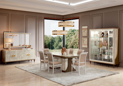 Classic Marble and Gold Dining Table with Extension Leaf and Upholstered Chairs