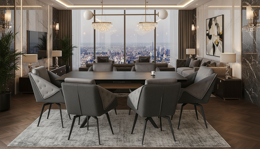 Contemporary Dark Extendable Dining Table with Upholstered Chairs and Metal Legs