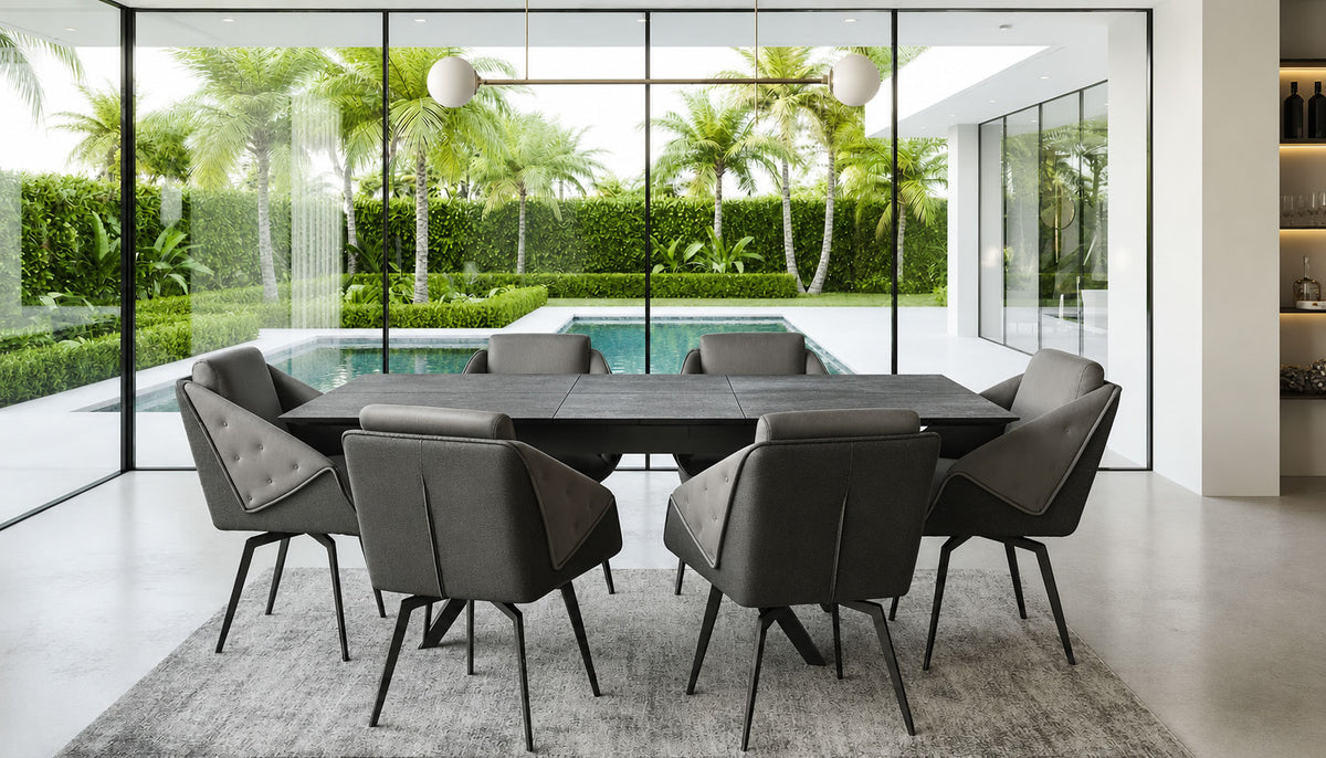 Contemporary Dark Extendable Dining Table with Upholstered Chairs and Metal Legs