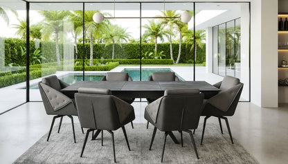 Contemporary Dark Extendable Dining Table with Upholstered Chairs and Metal Legs