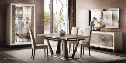 Sleek Glossy Taupe Dining Table with Extension Leaf and Upholstered Chairs