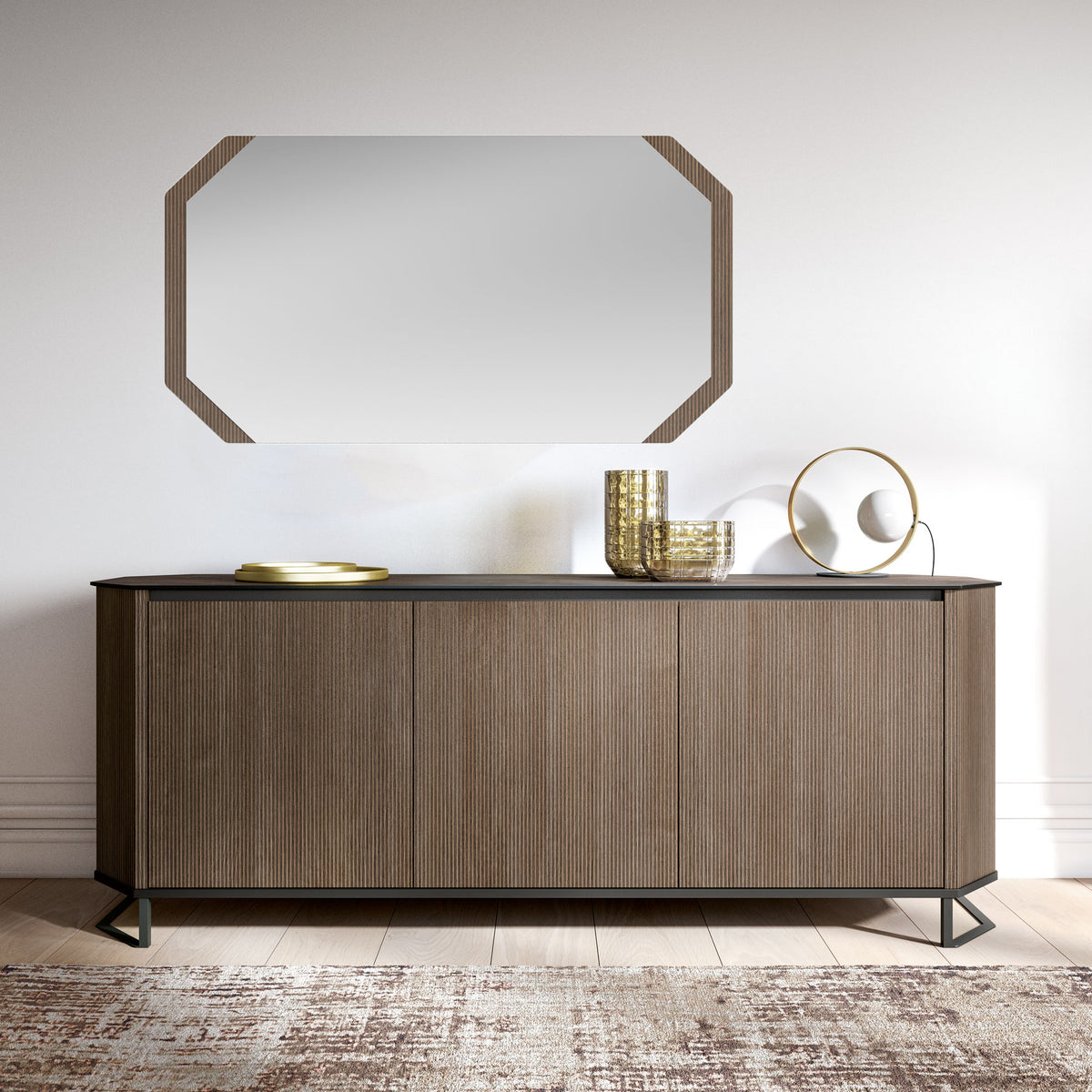 Contemporary Gold Marble Dining Table with Upholstered Chairs and Matching Buffet, Mirror, and Cabinet
