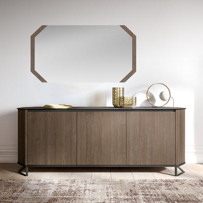 Contemporary Gold Marble Dining Table with Upholstered Chairs and Matching Buffet, Mirror, and Cabinet