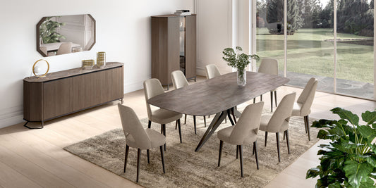 Contemporary Gold Marble Dining Table with Upholstered Chairs and Matching Buffet, Mirror, and Cabinet