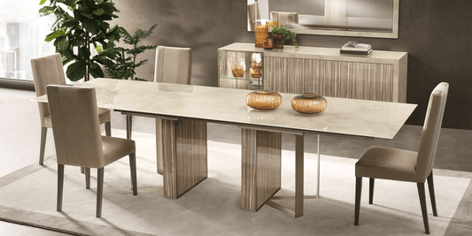 Sleek Ivory Marble-Look Dining Table with Extension Leaf and Matching Buffet