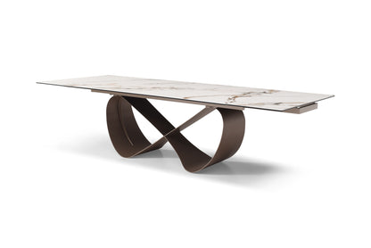 Sleek White Marble-Look Dining Table with Extension Leaves and Sculptural Base