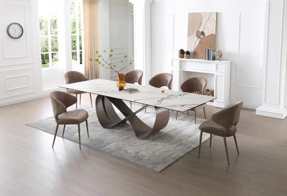 Sleek White Marble-Look Dining Table with Extension Leaves and Sculptural Base