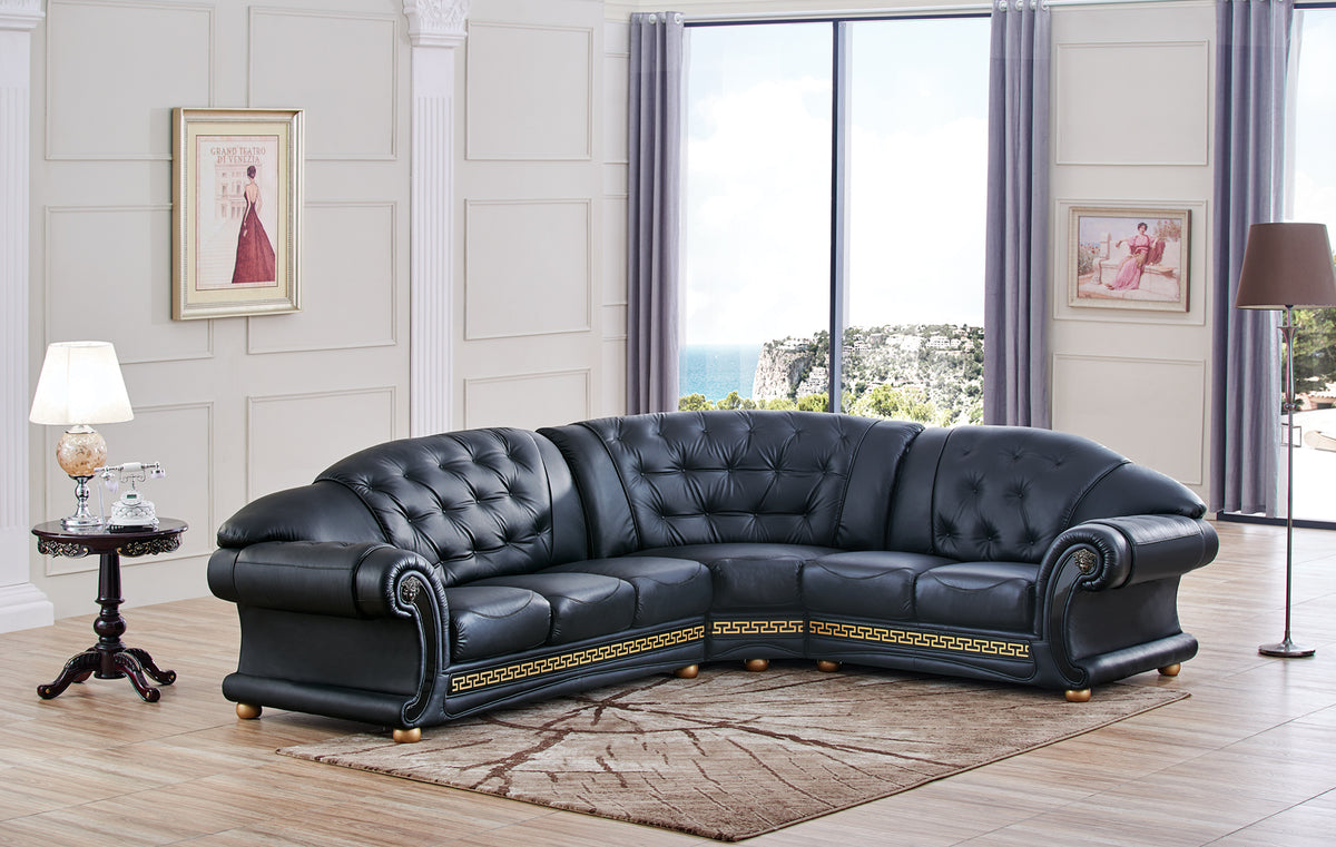 Classic Black Sectional Sofa with Tufted Leather and Medusa Accents