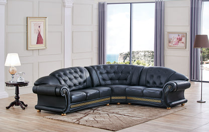 Classic Black Sectional Sofa with Tufted Leather and Medusa Accents