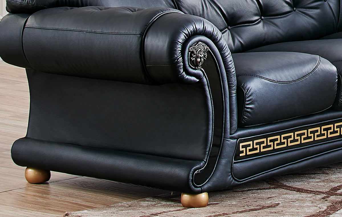 Classic Black Sectional Sofa with Tufted Leather and Medusa Accents