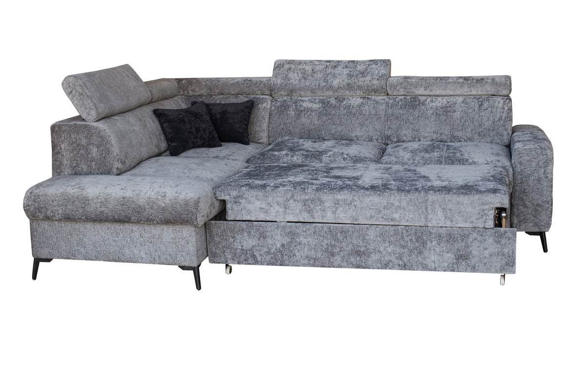 Sleek Grey Sectional Sofa with Pull-Out Bed and Storage Niche
