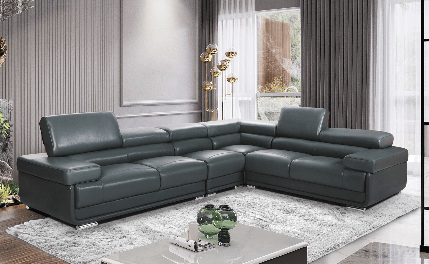 Modern Dark Grey Leather Sectional Sofa with Adjustable Headrests and Chrome Legs