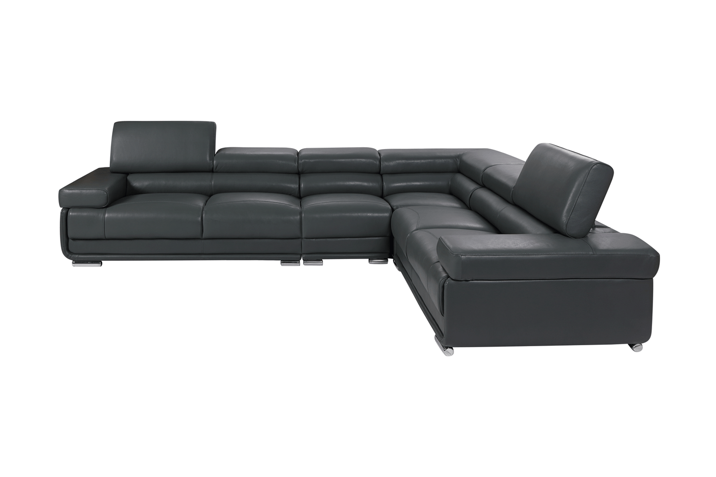 Modern Dark Grey Leather Sectional Sofa with Adjustable Headrests and Chrome Legs