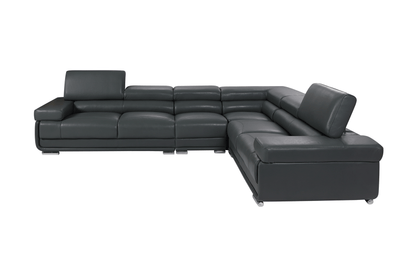 Modern Dark Grey Leather Sectional Sofa with Adjustable Headrests and Chrome Legs