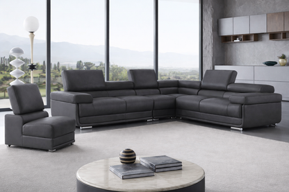 Classic Dark Grey Sectional with Adjustable Headrests and Reversible Accent Chair