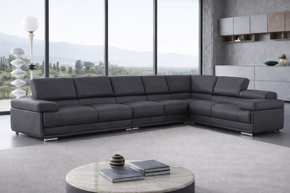 Contemporary Dark Grey Sectional with Adjustable Headrests and Armless Chair