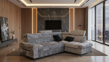 Sleek Grey Sectional Sofa with Pull-Out Bed and Storage Niche