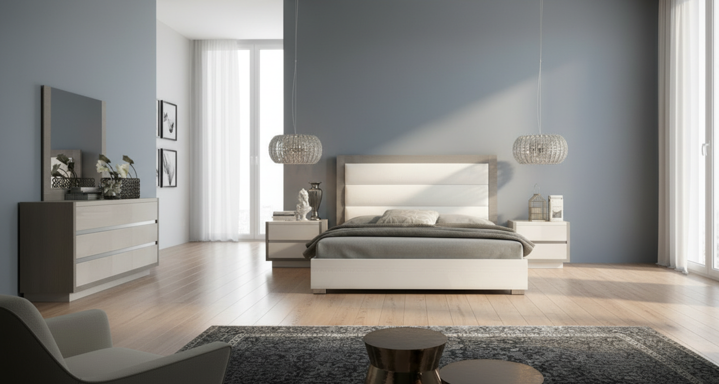 Modern High-Gloss White and Grey Queen Bedroom Set with Platform Bed and 3 Drawer Dresser with Mirror