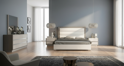 Modern High-Gloss White and Grey Queen Bedroom Set with Platform Bed and 3 Drawer Dresser with Mirror