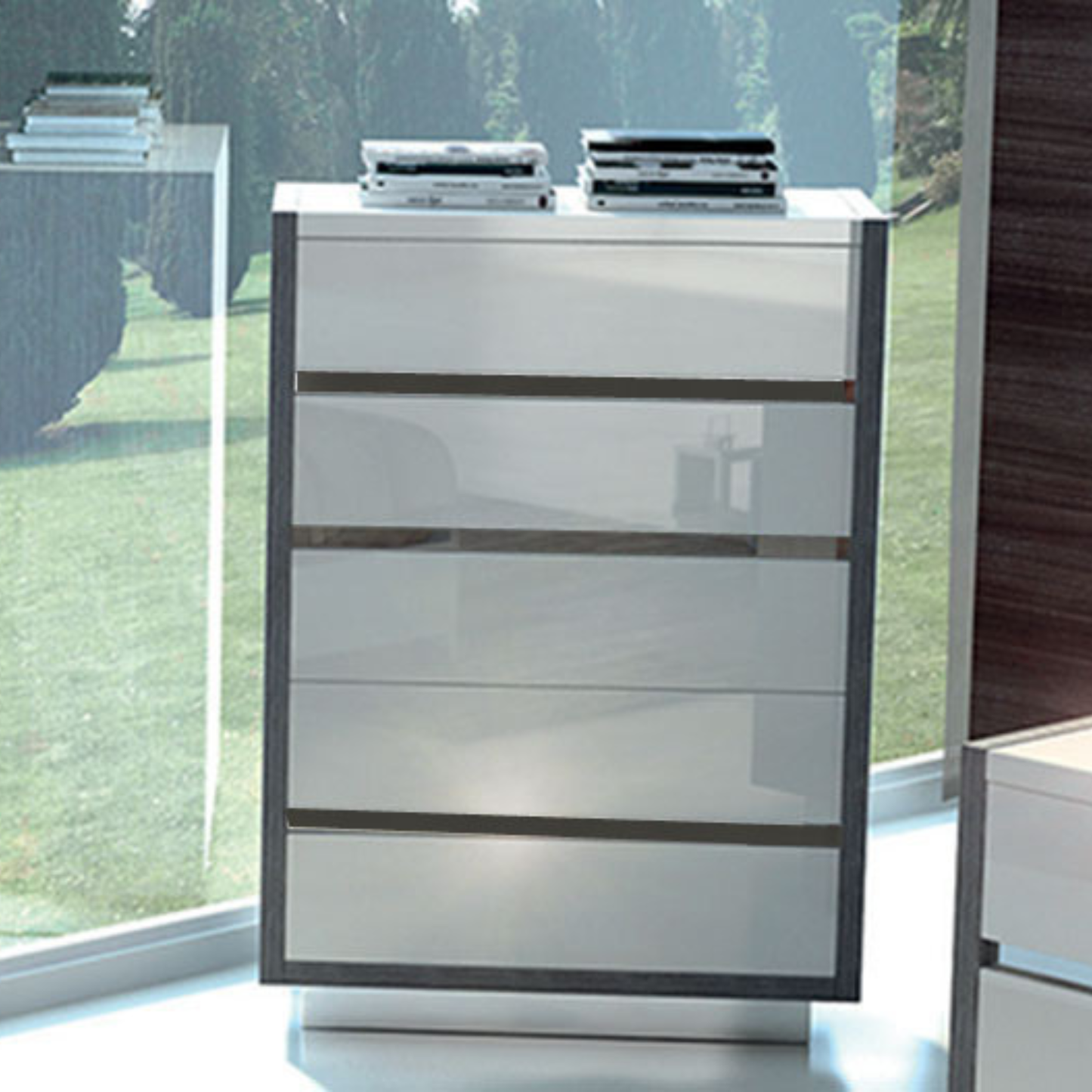Modern High-Gloss White and Grey Queen Bedroom Set with Platform Bed and 3 Drawer Dresser with Mirror