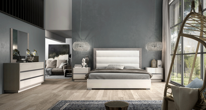 Modern High-Gloss White and Grey Queen Bedroom Set with Platform Bed and 3 Drawer Dresser with Mirror