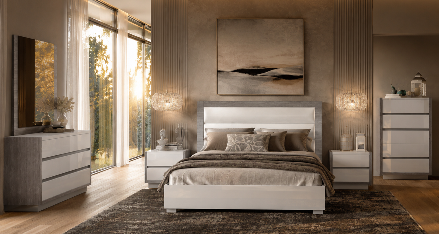 Modern High-Gloss White and Grey Queen Bedroom Set with Platform Bed and 3 Drawer Dresser with Mirror