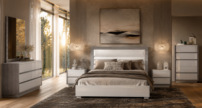 Modern High-Gloss White and Grey Queen Bedroom Set with Platform Bed and 3 Drawer Dresser with Mirror