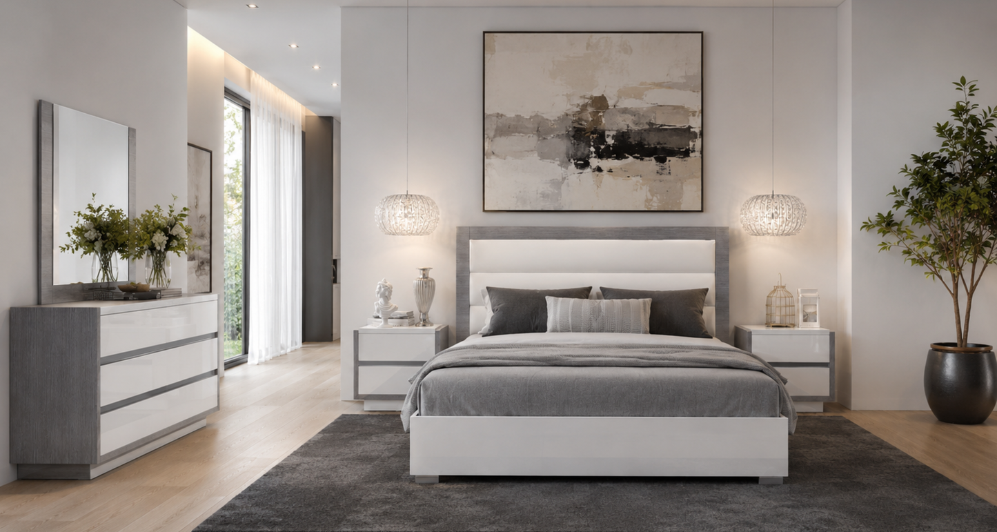Modern High-Gloss White and Grey Queen Bedroom Set with Platform Bed and 3 Drawer Dresser with Mirror