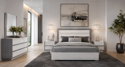 Modern High-Gloss White and Grey Queen Bedroom Set with Platform Bed and 3 Drawer Dresser with Mirror