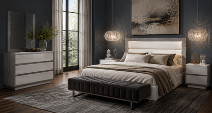 Modern High-Gloss White and Grey Queen Bedroom Set with Platform Bed and 3 Drawer Dresser with Mirror