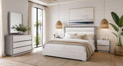 Modern High-Gloss White and Grey Queen Bedroom Set with Platform Bed and 3 Drawer Dresser with Mirror
